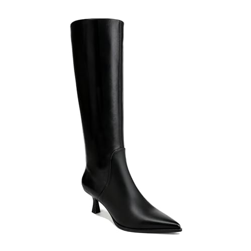 ZJGZF Black Knee High Boots for Women Kitten Heel Pointed Toe Leather Tall Boots Low Heeled Side Zipper Long Shoes Fashion Dessy