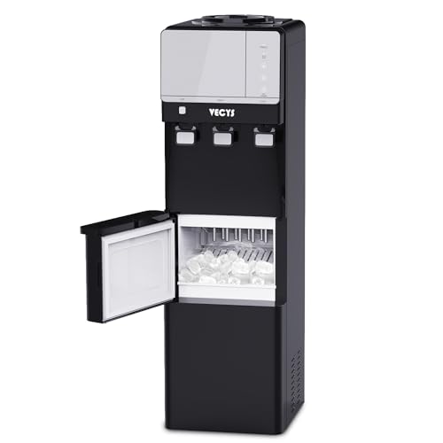 VECYS Hot and Cold Water Dispenser with Ice Maker, 27LBS Daily Ice Making, Child Safety Lock and Compatible with 3 or 5 Gallon Bottles, Ideal for Home and Office, Black