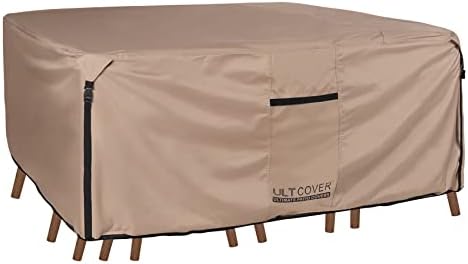 ULTCOVER Rectangular Patio Heavy Duty Table Cover - 600D Tough Canvas Waterproof Outdoor Dining Table and Chairs General Purpose Furniture Cover Size 64L x 52W x 28H inch