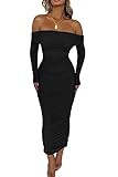 PRETTYGARDEN Women's Fall Off Shoulder Maxi Bodycon Dress Long Sleeve Ruched Fitted Club Dresses with Slit (Black,Large)