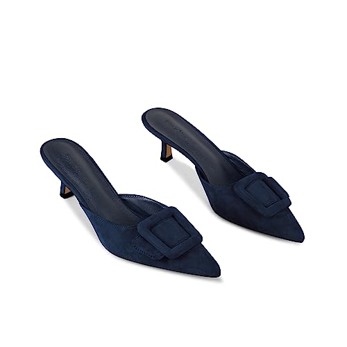 Image of Fericzot Mule Slippers for Women,Slingback Buckle Pumps Pointed Toe Kitten Heels Shoes Slides Backless Dress Sandals