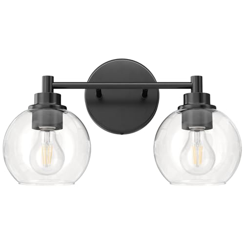 VONLUCE Bathroom Light Fixtures, 2-Light Bathroom Vanity Light with Globe Glass Shades E26 Sockets, Bathroom Lights Over Mirror for Bedroom Hallway Living Room, Black Finish
