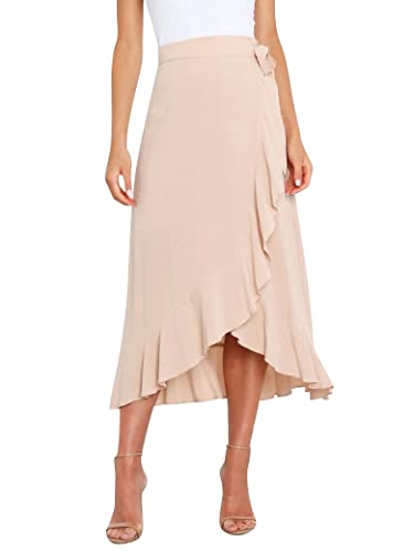 Ezcosplay Women Ruffle Wrap Skirt Tie Waist Boho High Low Asymmetrical Midi Beach Skirt Beige