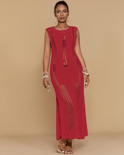 Image of Bsubseach Womens Crochet Beach Cover Ups Sleeveless Swimsuit Dress