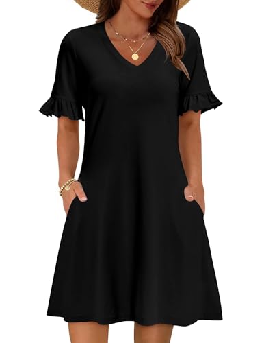 Zeagoo A-Line Dresses for Womens Black Summer Dress with Pockets Ruffle Short Sleeve Dresses for Women 2026 V Neck Business Casual Dress L