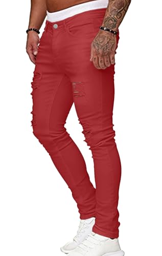 Image of HUNGSON Men's Blue Slim Fit Jeans Stretch Destroyed Ripped Skinny Jeans Side Striped Denim Pants
