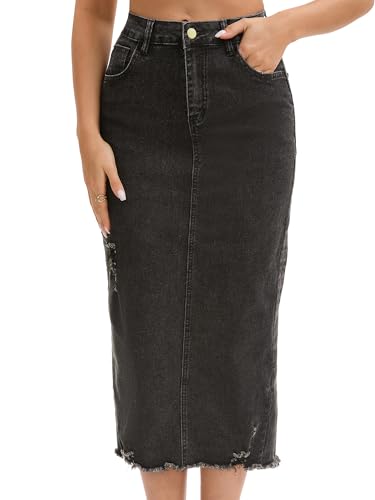 Women's Denim Skirt High Waisted Stretch Ripped Raw Hem Split Casual Midi Pencil Skirt Jean Skirts