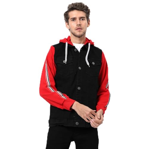 Image of Campus Sutra Men's Dark-Washed Black & Red Regular Fit Denim Jacket For Winter Wear | Hooded Collar | Full Sleeve | Buttoned | Casual Denim Jacket For Man | Western Stylish Denim Jacket For Men