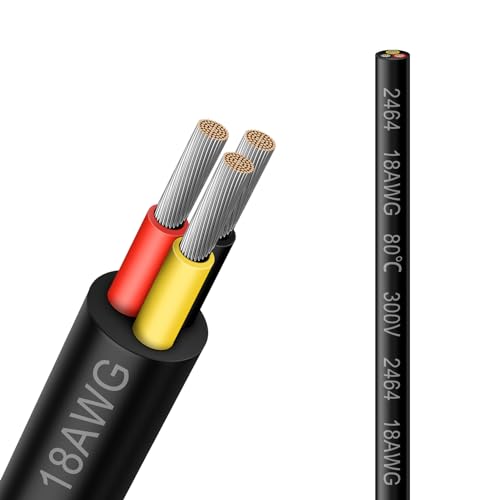 18 Gauge 3 Conductor Electrical Wire 33FT 2464 18AWG 3 Wire Cable Black PVC Stranded Tinned Copper 18/3 Cord Extension Low Voltage Cable