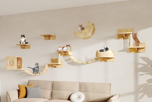 Homiflex 13-in-1 Cat Wall Shelves Wall Mounted Cats Furniture Set with Plush Fabric Cat Climbing Wall Systems Cats Shelf with Moon Hammock Condo House Step Bridge Ladder Scratching Post Beige