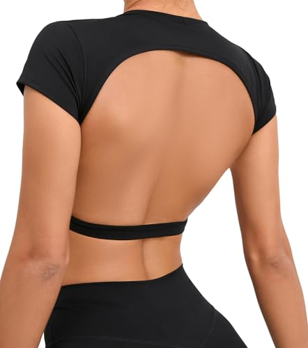 FEOYA Women’s Open Back Crop Tops Short Sleeve Slim Fit Gym Workout Tops with Pads Soft Yoga Fitness Activewear