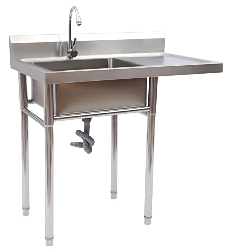 Stainless Steel Kitchen Sink with Faucet - Steel 1 Compartment Commercial Utility Sink w/Right Drainboards - 17.8