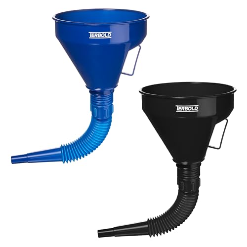 Image of Automotive Flex Funnel with Hose & Mesh Filter (2-Pack) - Wide Mouth Oil Funnel for Gas & Transmission Fluid - Color Coded Flexible Set for Garage & Emergency Kit (Black & Blue)