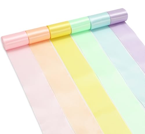 JarThenaAMCS 6 Rolls Pastel Satin Ribbon 30 Yard 2 Inch Assorted Silk Ribbons Rainbow Color Gift Wrapping Ribbons for Easter Day Fiesta Party Tassel Garland DIY Crafts Supplies