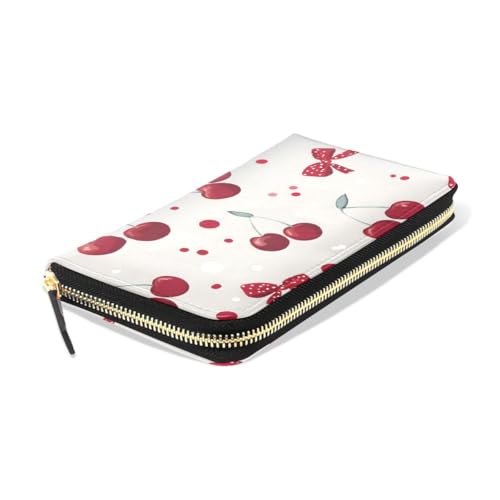 Long Wallets Leather Bifold Wallet for Women Red Cherry Polka Dot with Zipper Credit Card Holder Large Capacity3