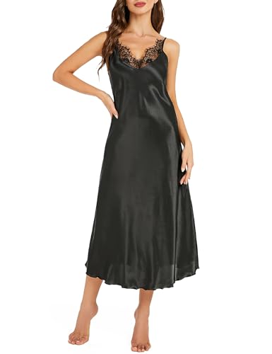 Image of Litherday Silk Nightgown for Women Long Satin Slip Dress Nightdress Silky Chemise Nightie Soft V Neck Nightwear