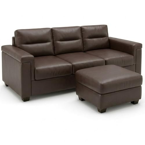 Image of FURNY Parker 3 Seater Sofa Set with Ottoman | Premium Suede Velvet Fabric Finish | Durable Comfort Sofa for Modern Living Room & Office Spaces (Dark Brown Leatherette)