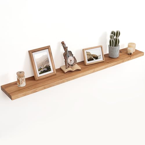 Image of Floating Shelves for Wall Decor, 8 inch Deep Rustic Solid Elm Wood Floating Shelves Wall Mounted, Wall Shelves with Invisible Bracket for Living Room Bathroom Bedroom Kitchen, 55 Inch Set of 1, Natural