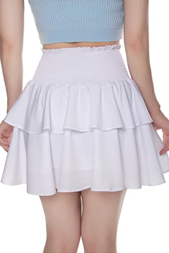 Bigary Women's High Waist Layered Ruffle Hem Flared Mini Skirt Solid Smocked A Line Flowy Beach Short Skirt (As1, Alpha, M, Regular, Regular, White) #TOP4