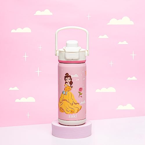 Zak Designs Beacon Insulated Bottle, Disney Princess - 14 oz - Durable Stainless Steel - Double-Wall Vacuum Insulation, Silicone Spout & Push-Button, Leak-Proof Lid - Dishwasher Safe