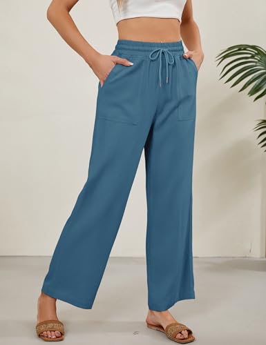 Women Summer Wide Leg Linen Pants Casual Palazzo Pant Cotton Lounge Beach Trousers with Pockets 6