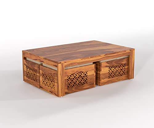 Image of Sheeshsam Wooden Coffee Table with 4 Stools for Living Room - Solid Wood Coffee Table with Cushion Seating Stools Tea Table Teapoy Center Piece for Home Sofa Center Table (Norris Honey)