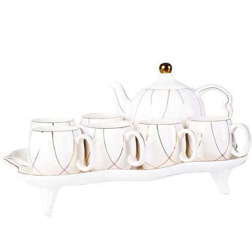 Prefdo Service à thé, 6 tasses à thé avec théière et plateau à thé, ensemble moderne de tasses à thé et café avec bordure dorée, décoration de salon en porcelaine, ensemble de goûter, emballage cadeau