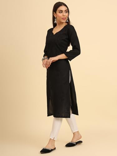 Image of Women's Chikankari-Lucknowi Embroidered Work | 3 /4 Sleeve | Knee Length | Round Neck | Cotton Fabric | Straight Kurta