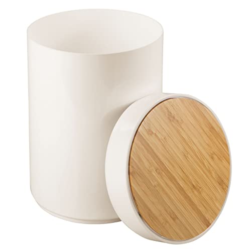 Image of mDesign Plastic Round Trash Can Small Wastebasket - Garbage Bin Container with Swing-Close Lid - Bathroom Garbage Basket - Holds Waste, Recycling - 1.3 Gallon - Basa Collection - Cream /Beige /Natural