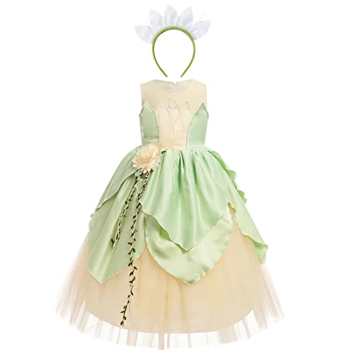 IMEKIS Vestido Niña Tiana Disfraz de Princesa Rana Lujoso Disfraz de Carnaval de Halloween Vestirse con Accesorio de Hada Disfraz de Cumpleaños Infantil Deluxe Verde 7-8 años