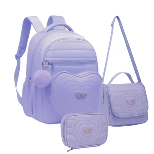 Kit Mochila de Costas Estojo Box e Lancheira Coração Fashion Escolar Lilás
