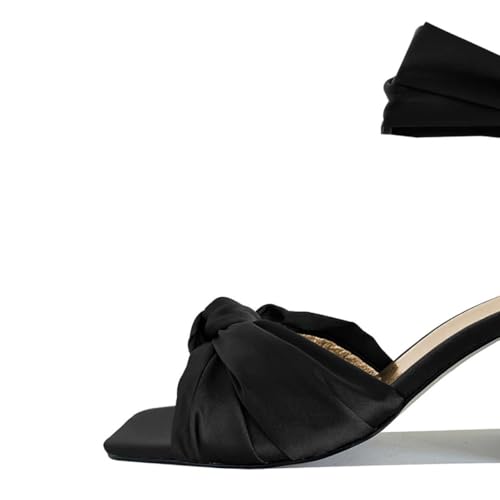 XYD Women Satin Block Heel Dress Sandals Bowknot Open Toe Ankle Strap Tie-up Pumps Dating Wedding Summer Shoes2
