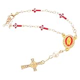 SHINEOFI Rosario para Espejo Retrovisor de Coche con Cruz Colgante, 20 Cm, Aleación Resistente, Color Rojo, Decoración Interior para Sedán, SUV y Camioneta, Alivio de Estrés y Adorno