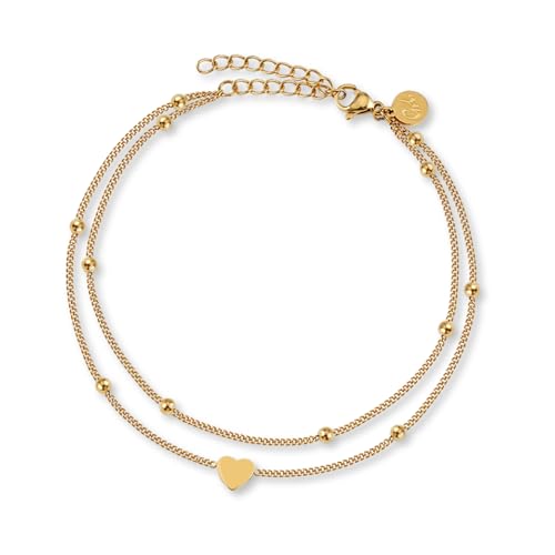 GD GOOD.designs EST. 2015 Bracelet de cheville coeur Or pour femme - Résistant à l'eau I Bracelet de cheville à plusieurs rangs - Réglable I Bijoux de pied...