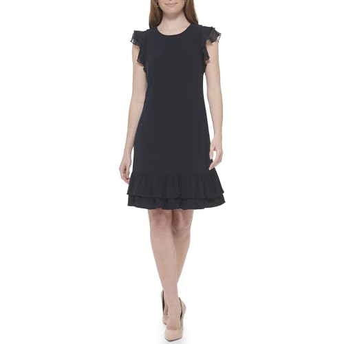 Image of Tommy Hilfiger Women's Sleeveless Crew Neck Double Ruffle Hem Jersey Shift Mini Dress