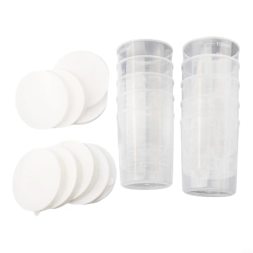 Paquete de 10 vasos medidores de medicamentos de 100 ml de capacidad, recipientes de plástico transparente con blanco para medición de líquidos y protección de muestras