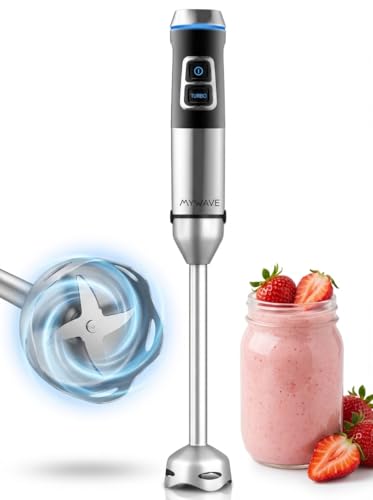 My Wave - Batidora de Mano Saona - Para Líquidos y Sólidos - Potencia de 1500W - Pie XXL de 22 cm - Control de Velocidad y Luz LED - Cuchillas de Acero Inoxidable Aptas para Lavavajillas