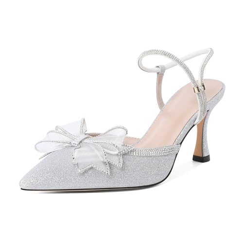 Eldof Women's Heels with Bow Sparkly Rhinestone Closed Pointed Toe Ankle Strap Stiletto Heel Pumps 3 Inches
