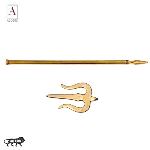 Image of ALODIE - Brass Trishul on Stand | Shiva's | Mahadev's Energized Brass Pooja Trishul with Stand for Pooja Room | Decorative Showpiece Figurine | Items for Room (3.8Wx18.5H INCHES)