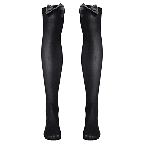 ABAFIP Mens Sissy Bowknot Stockings Above Knee Overknee Sheer Silky Footed Socks Thigh High Hosiery High Elastic Stretchy Pantyhose Crossdressing Lingerie Black One Size