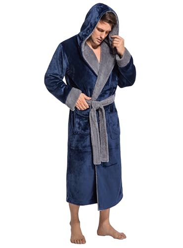 Mens Hooded Robe Ultra Soft Fluffy Flannel with Big Pockets Luxurious House Coat Fleece Plush Calf Length Bathrobe4