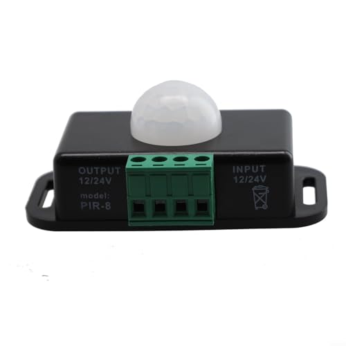 Desiumite PIR Sensor de movimiento para luces LED | Detector de ocupación por infrarrojos | 12V-24V CC, 8A para interruptor de relé | Ángulo de detección de 120°, rango de 5-8 m | Compatible con