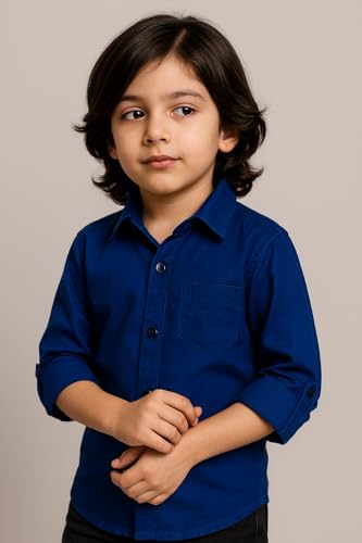 Image of Boys Kids Royal Blue Cotton Shirt, Long Roll-Up Sleeves, Party, Age 2-6 Years