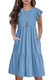 HOSIKA Girls Short Dress Summer Ruffle Sleeveless Casual Beach Sundress Tiered Swing Dress with Pockets for 6-12 Y Light Blue