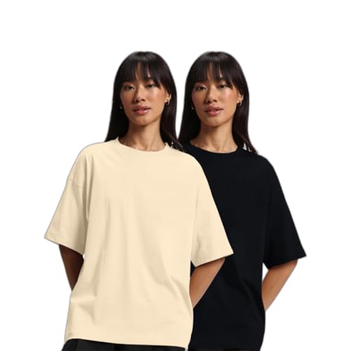 Image of JUNEBERRY Pure Cotton Drop Shoulder Oversized Baggy Fit Half Sleeve Plain Solid Round Neck Multicolor T-Shirt for Women & Girls (Pack of 2) (Sizes S-2XL)