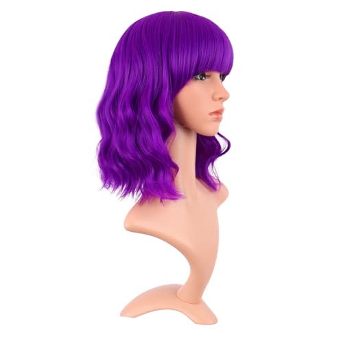 Image of MapofBeauty 14 Inch /35 cm Short Wavy Curly Women Fresh Bright Synthetic Ordinary Flat Bangs Bob Wig (Bright Purple)