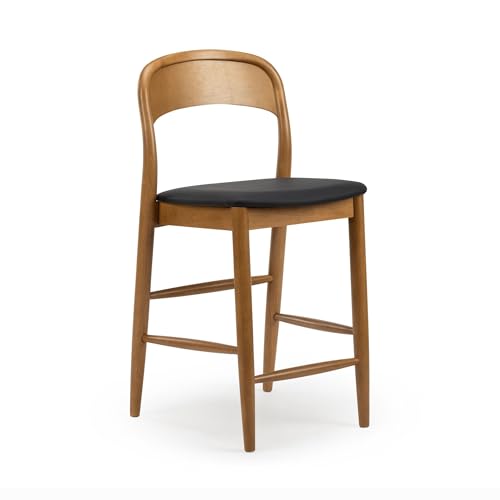 Image of Plank+Beam Loar Upholstered Counter Stool, Solid Rubberwood, Mid-Century Modern Kitchen Bar Chair, Curved Back, Low-VOC Finish, Counter Height Seating, Pecan /Black