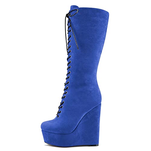 Castamere Women Wedge High Heel Close Round Toe Mid Calf Lace-up Zipper Classic Boots2