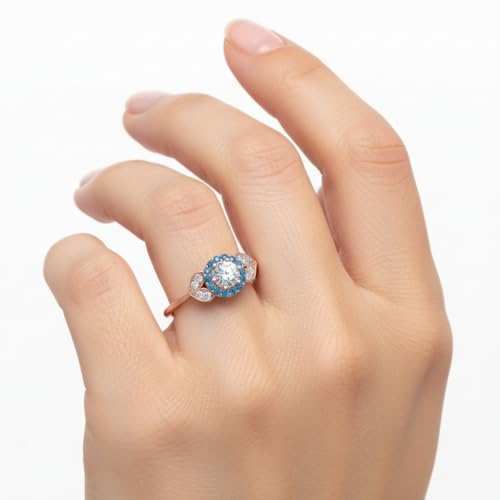 Image of Rose Gold Plated Diamond CZ & Blue Sapphire Petal Halo Engagement Ring for Women, Petite Round Shape Wedding & Everyday Jewelry, Handmade Gift for Wife US Size 4-12
