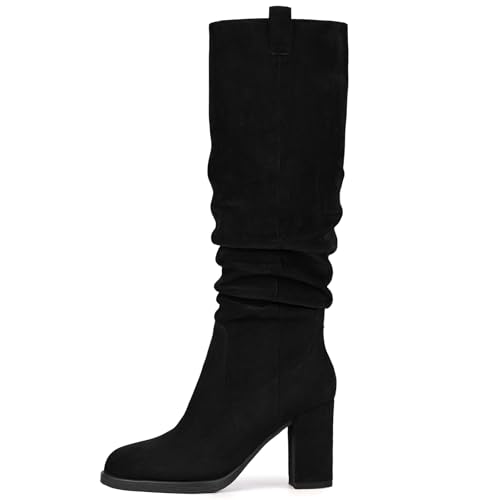 Suede Knee High Boots for Women - Tall Chunky High Heel Dress Boo...